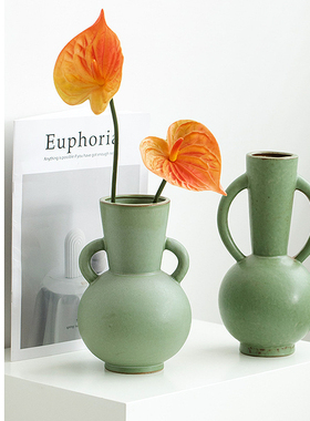 现代中式日式禅意哑光铜绿色陶瓷花器组合套装书柜博古架装饰摆件