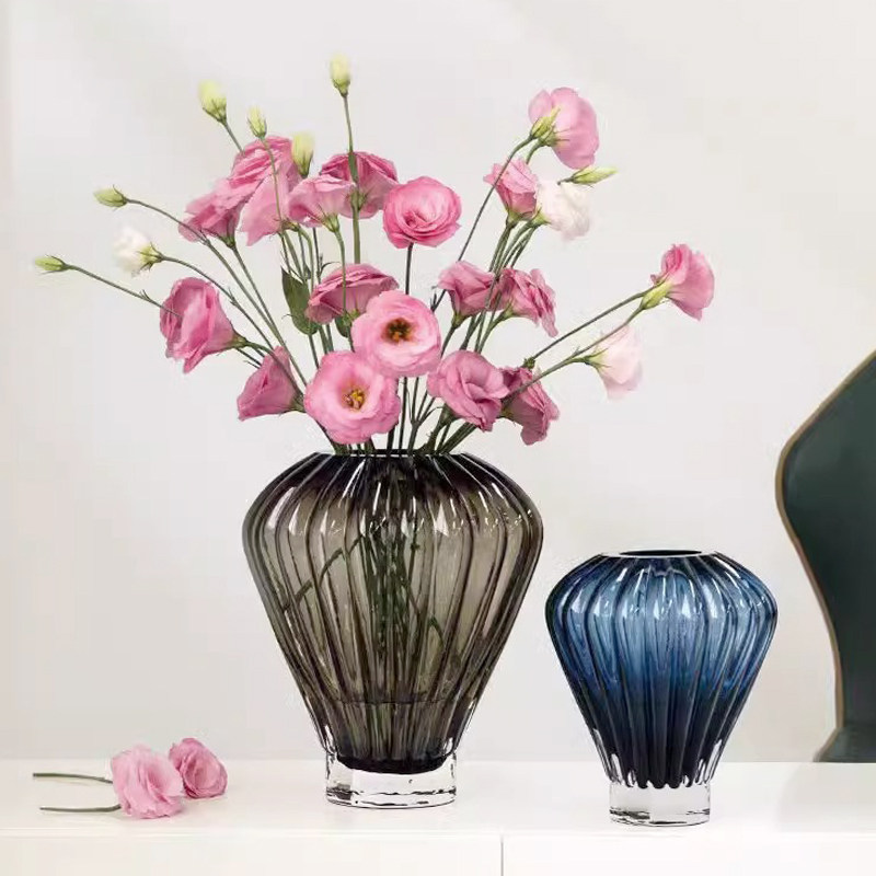 现代简约透灰色灯泡造型大肚条纹玻璃花器客厅茶几餐桌装饰品摆件