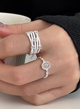 包邮甜酷时尚多层线条戒指女闪亮气质个性百搭开口指环小众设计食