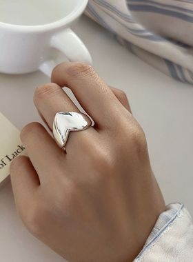 简约爱心戒指女时尚个性创意百搭S925镀银桃心开口指环小众食指戒