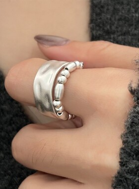 包邮磨砂哑光宽边戒指女流苏链条米粒珠子S925镀银开口指环网红食