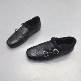 头层牛皮复古雕花英伦风加绒小皮鞋女2025冬新款软底布洛克牛津鞋