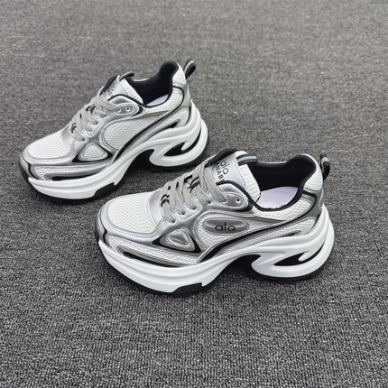 真皮女鞋小个子增高7CM银色老爹鞋2026春新款显脚小运动鞋休闲鞋