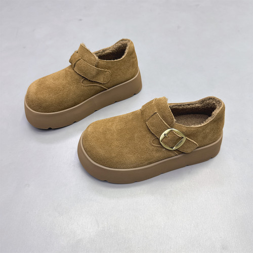 真皮女鞋法式厚底加绒保暖勃肯鞋