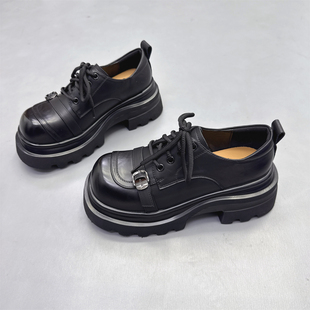 真皮女鞋粗跟增高7CM英伦风小皮鞋2026春新款圆头系带松糕乐福鞋