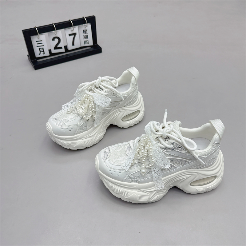 真皮女鞋2025夏新款小个子增高6CM珍珠气垫老爹鞋网纱松糕休闲鞋