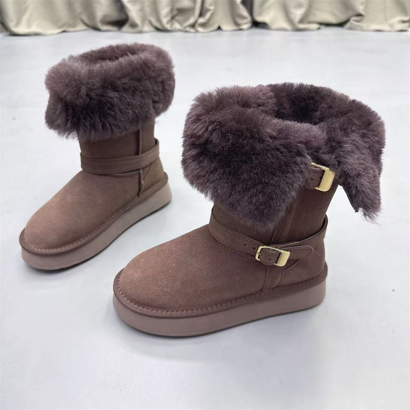 纯羊毛~皮毛一体皮带扣雪地靴骑士靴不过膝中筒靴保暖勃肯大棉鞋,女鞋,时尚雪地靴,淘宝优惠券,粉丝福利购,淘宝优惠卷