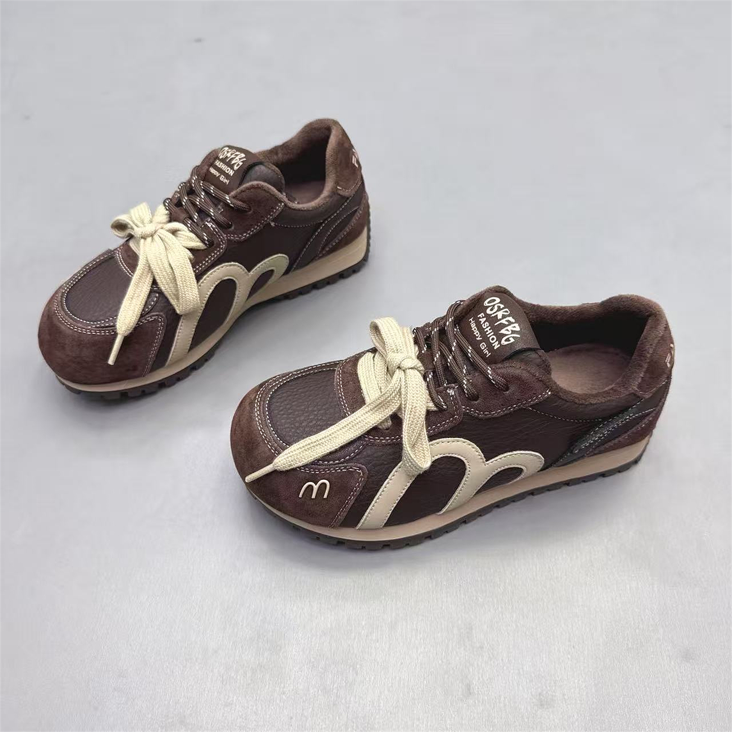 真皮女鞋韩版厚底加绒系带德训鞋