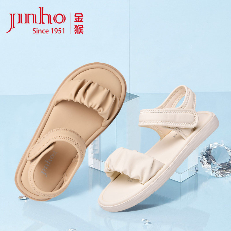 金猴女凉鞋2024夏季新款一字带魔术贴厚底凉鞋时尚百搭女士沙滩凉