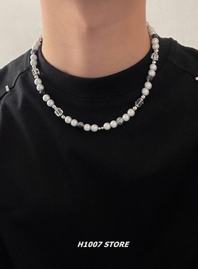 反光珍珠拼接十字架小众设计锁骨链钛钢项链男欧美嘻哈风女毛衣链