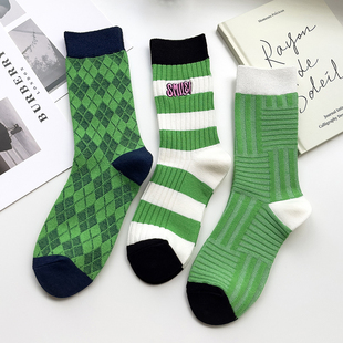 2025新款 绿色条纹字母菱形格运动长袜ins潮 袜子女中筒纯棉春秋季