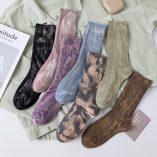 褪色做旧扎染袜子女中筒袜纯棉双针秋冬ins潮街头复古长筒堆堆袜