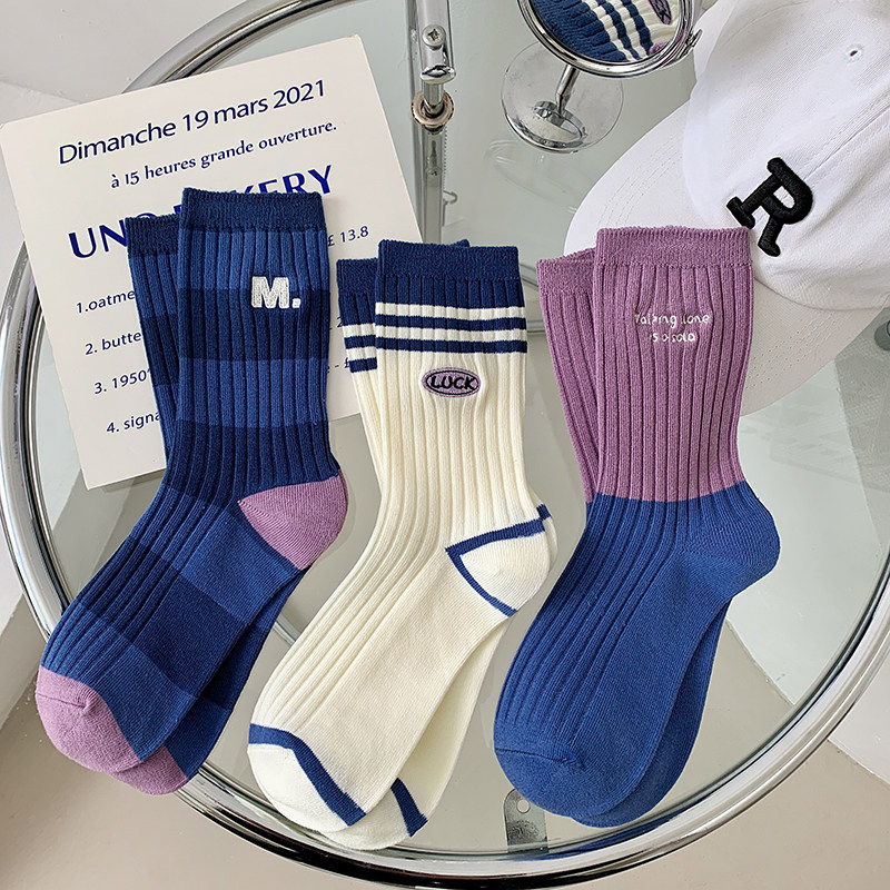 袜子女中筒纯棉夏季ins潮网红条纹字母韩国街头个性运动长袜春秋