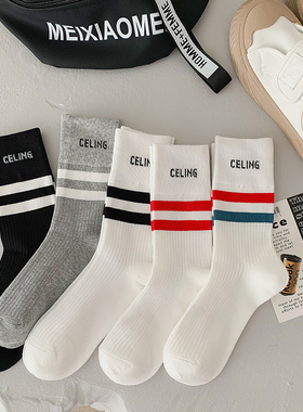 袜子女中筒纯棉夏季薄款白色长筒袜CELING字母街头个性ins潮春秋