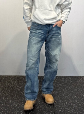 【卡秋山】黄石康龙蓝色宽松复古水洗直筒牛仔裤男美式休闲裤长裤