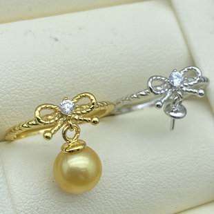 DIY配件s925纯银珍珠戒指托活口调节指环蜜蜡蝴蝶结银戒配6-8圆椭