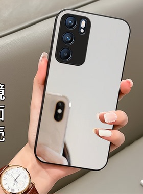 纯色镜面补妆带镜子适用opporeno6手机壳6Pro十+新款Reno5 5g版Reno7se女款k9ⅹ高级感a96/a95玻璃opop防摔k5