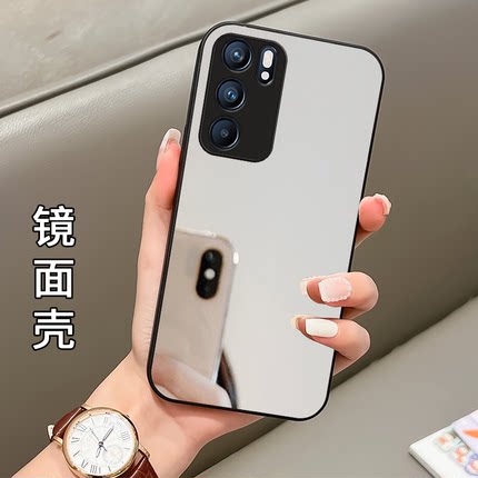 纯色镜面补妆带镜子适用opporeno6手机壳6Pro十+新款Reno5 5g版Reno7se女款k9ⅹ高级感a96/a95玻璃opop防摔k5