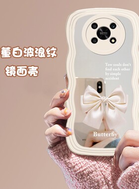 2023镜面蝴蝶结波浪纹适用华为荣耀x40手机壳x40i新款x30高级感x20se女honor畅玩30plus畅享50Pro带镜子8x/9x