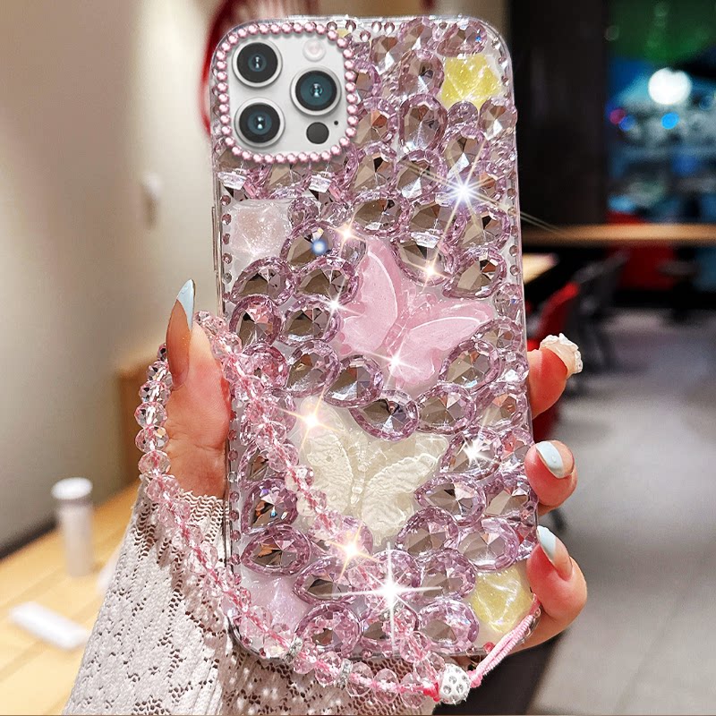 小清新镶钻蝴蝶适用苹果iPhone14ProMax手机壳保护套14水钻7软壳16奢华15高级感6sPlus满钻14Pro新款13小众8
