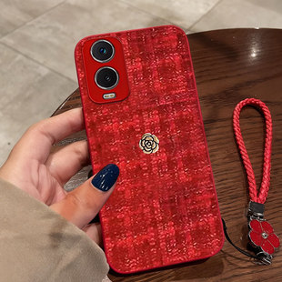 红色本命年布艺小香风适用vivoY76s手机壳过年T2x防摔Y50喜庆Y55s外壳Y3s秋冬Z5全包Z5i本命年Y73s冬天Y300GT