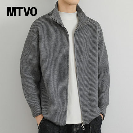 MTVO迈特优双拉链开衫毛衣男春秋简约休闲慵懒风宽松高领针织外套