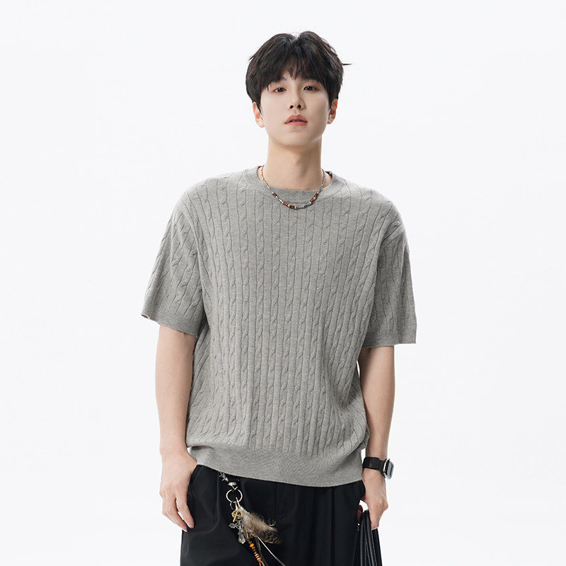 迈特优老钱风编织麻花灰色正肩短袖t恤男女韩系高级感打底针织衫