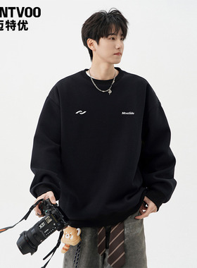 迈特优黑色圆领卫衣男新款潮牌情侣logo上衣美式街头宽松加绒外套