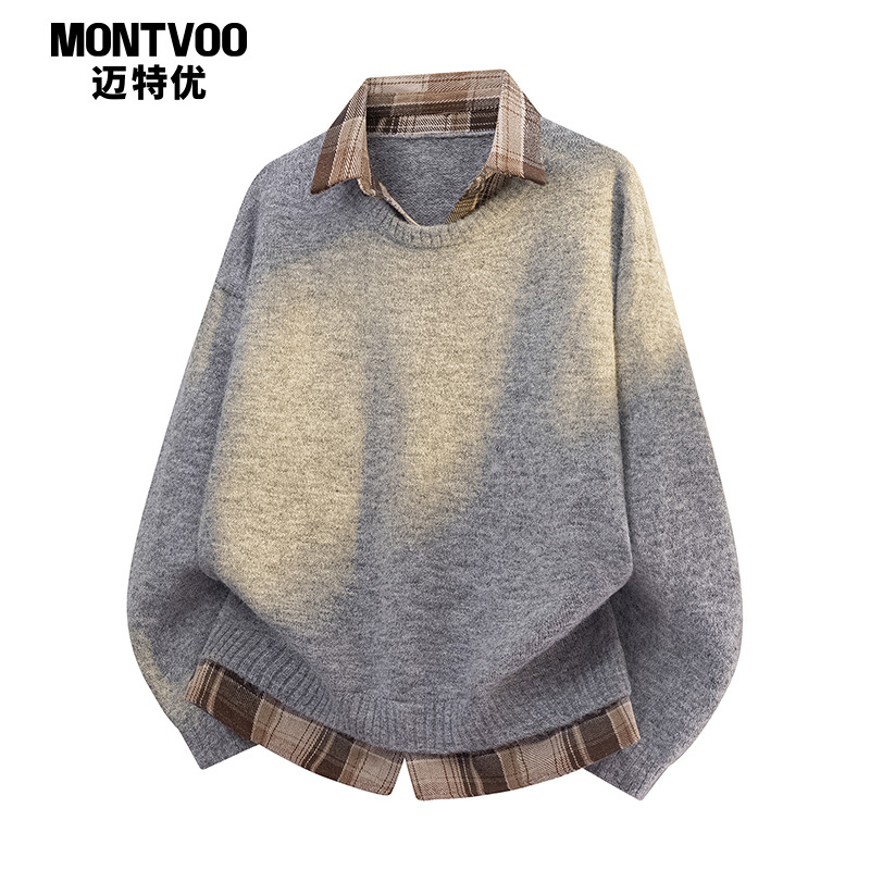 【假两件穿搭】格纹衬衫领针织衫