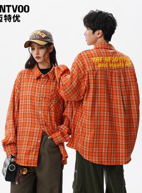 迈特优春季美式复古橙色格纹长袖衬衫男女宽松休闲情侣衬衣外套潮