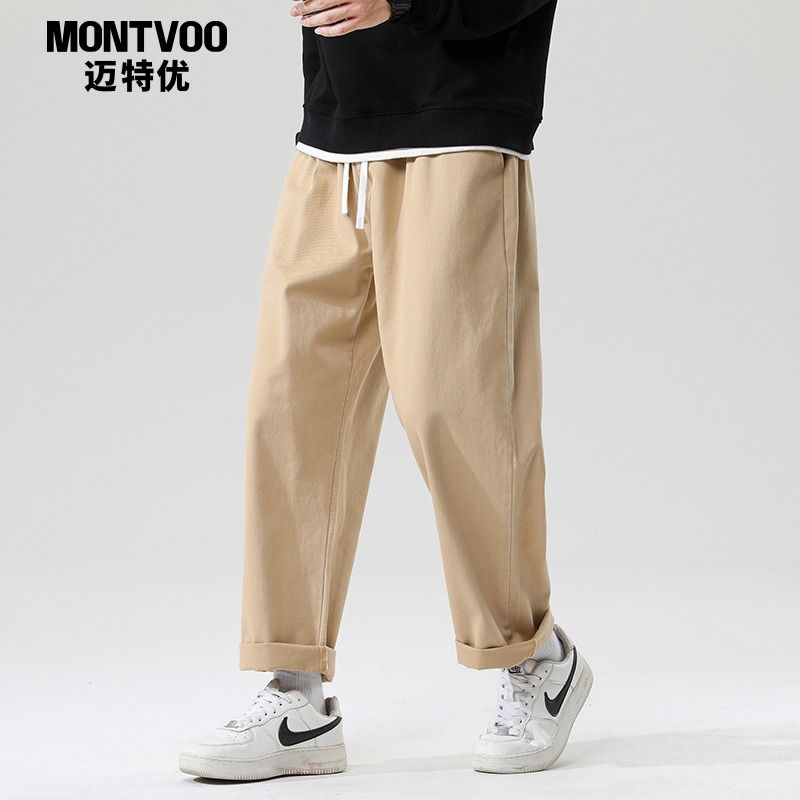 纯棉直筒休闲裤男夏季薄款重磅日系复古阔腿长裤潮牌运动九分裤子
