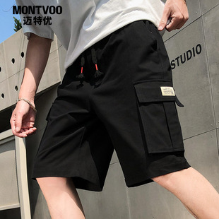 薄款 男夏季 潮牌休闲五分男裤 冰丝外穿宽松中裤 子 大口袋工装 裤 短裤