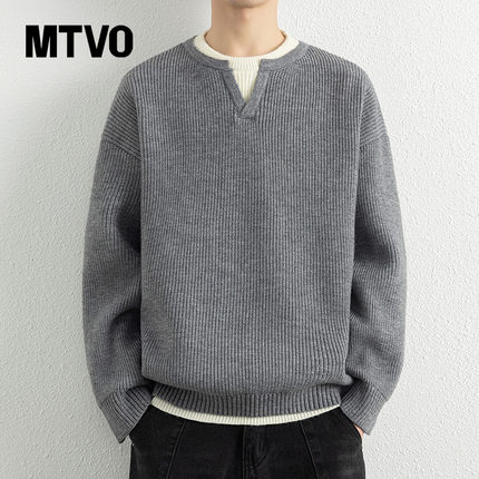 MTVO迈特优小众设计感假两件V领毛衣男款2025秋冬内搭打底衫上衣