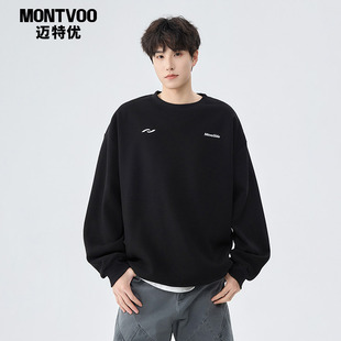 迈特优黑色圆领卫衣男新款潮牌情侣logo上衣美式街头宽松加绒外套