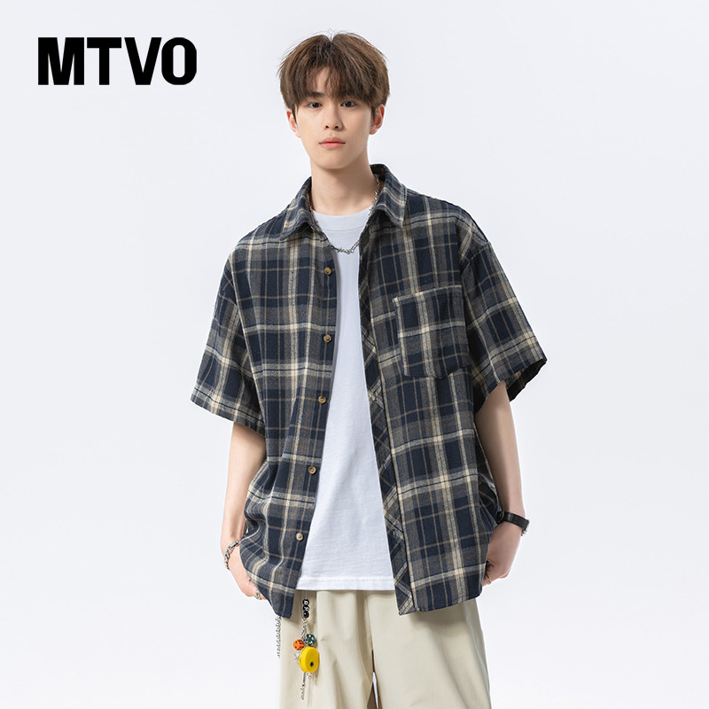 MTVO迈特优日系男装格子衬衫男夏季2025新款美式短袖T恤宽松上衣