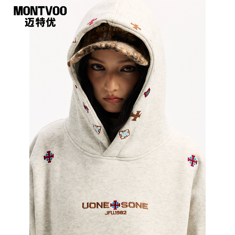 冬季加绒民族风刺绣重磅连帽卫衣