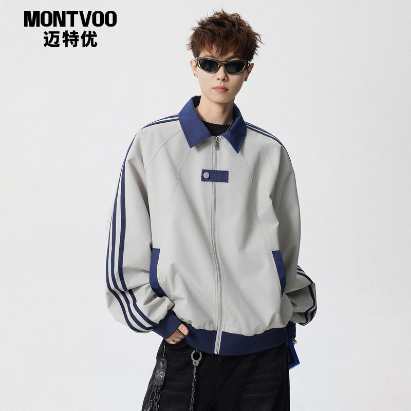 迈特优美式潮牌条纹运动夹克男女春秋撞色拼接设计感宽松情侣外套,男装,夹克,淘宝优惠券,粉丝福利购,淘宝优惠卷