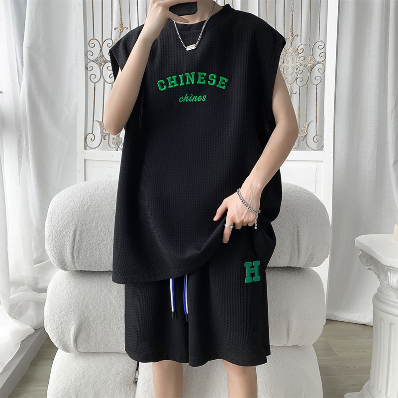 无袖套装t恤男夏季薄款背心坎肩篮球休闲运动短袖V短裤男装一套装