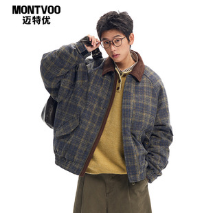 迈特优复古老钱毛呢羽绒服男女2025新款撞色格纹巴恩风保暖短外套