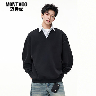 迈特优知识分子假两件条纹衬衫 boxy短宽学院风上衣 领套头卫衣春季