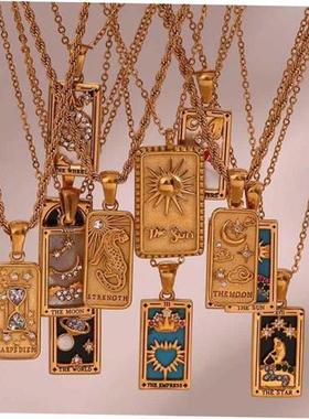Stylish vintage rectangular zircon Tarot necklace塔罗牌项链