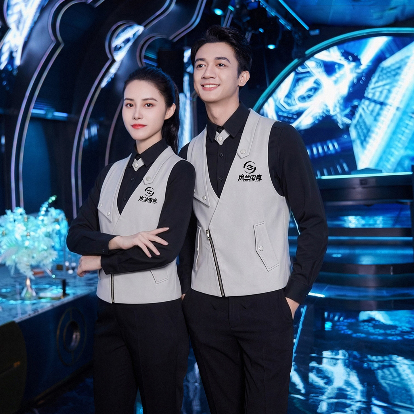 黑色长袖V领酒店工作服套装图片