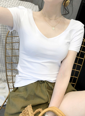 白色纯棉短袖女T恤2023春夏新款修身V领上衣U领露背百搭半袖ins风