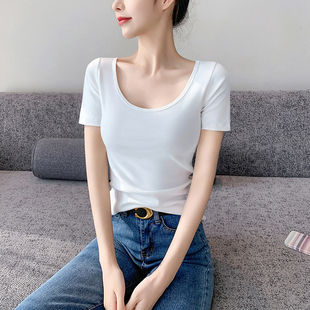 白色u领t恤女短袖低领紧身春夏新款纯棉大领口正肩修身显瘦上衣潮
