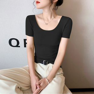 黑色螺纹双U领短袖T恤女2026夏季季新款美背低领紧身半袖洋气上衣