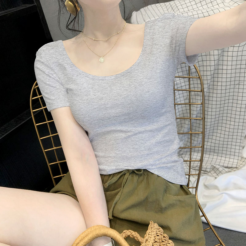 嘉喜福灰色t恤女装短袖低领纯棉外穿美背大领口性感半袖上衣ins潮