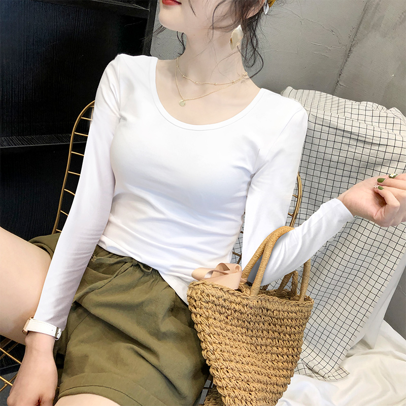 2025新款韩版秋冬白色女长袖T恤圆领打底衫纯棉紧身上衣薄款秋衣