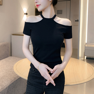 螺纹黑色一字肩短袖t恤女2026夏季新款修身挂脖落肩设计打底上衣