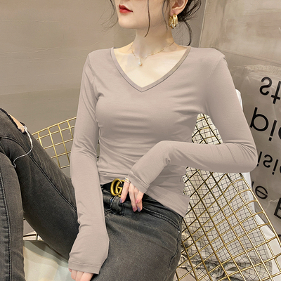 莫代尔V领打底衫女长袖内搭上衣