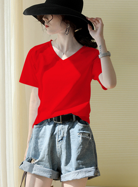大红色t恤女短袖宽松v领夏装纯棉2022新款超火cec鸡心领上衣ins潮